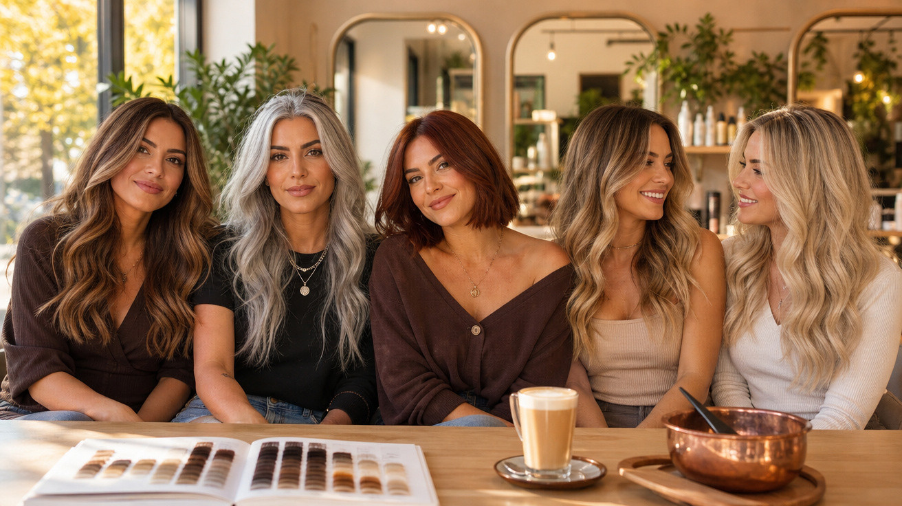 Cinco mulheres sorrindo sentadas lado a lado em uma mesa com amostras de cabelos e café.
