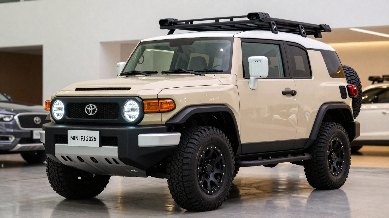 SUV Toyota FJ Cruiser bege com teto branco exposto em showroom.
