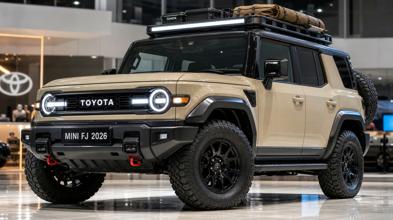 SUV Toyota Mini FJ 2026 bege com faróis circulares e pneus off-road em exposição interna.
