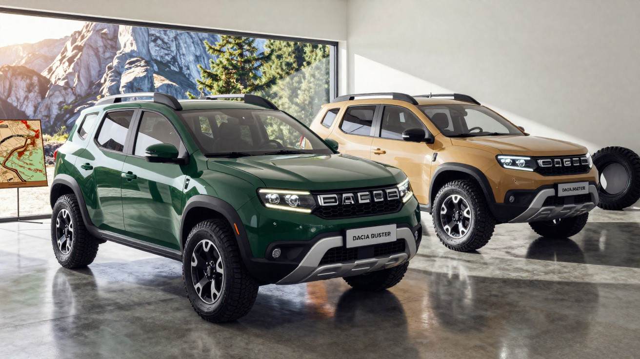 Dois SUVs Dacia Buster estacionados em garagem moderna, um verde e outro bege, com pneus robustos para terreno off-road.