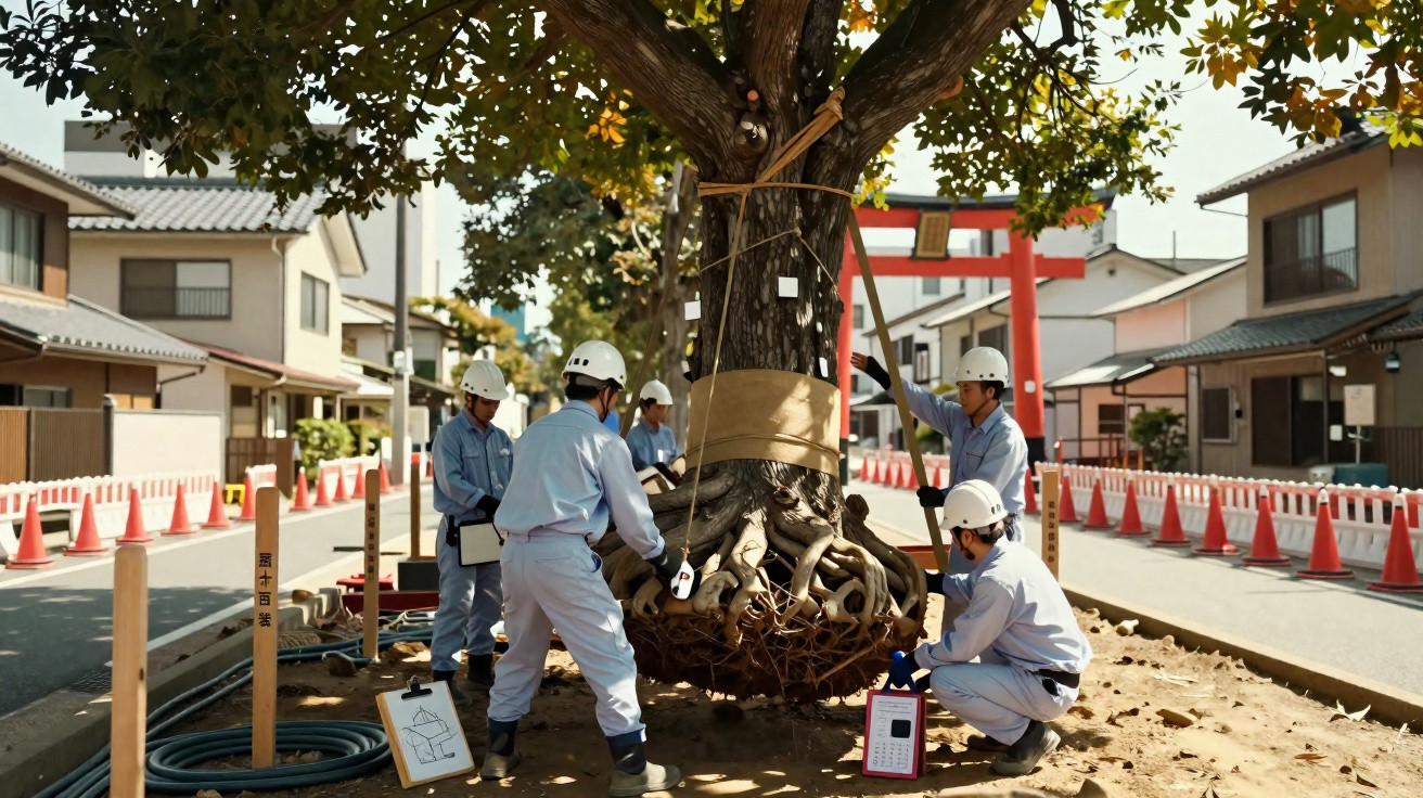 Equipe de trabalhadores com capacetes transplantando uma árvore em área urbana residencial.