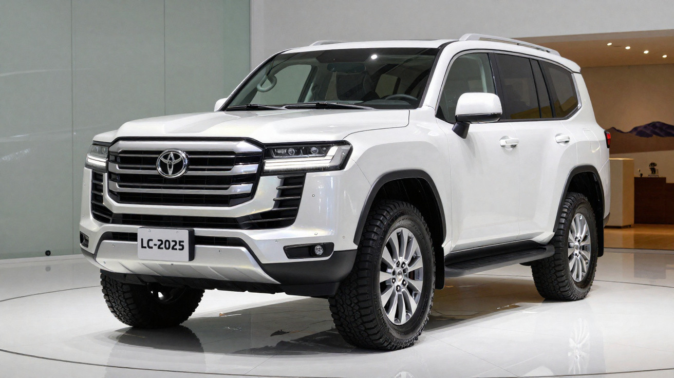 SUV Toyota Land Cruiser 2025 branco em exposição, vista frontal e lateral direita, interior moderno e robusto.