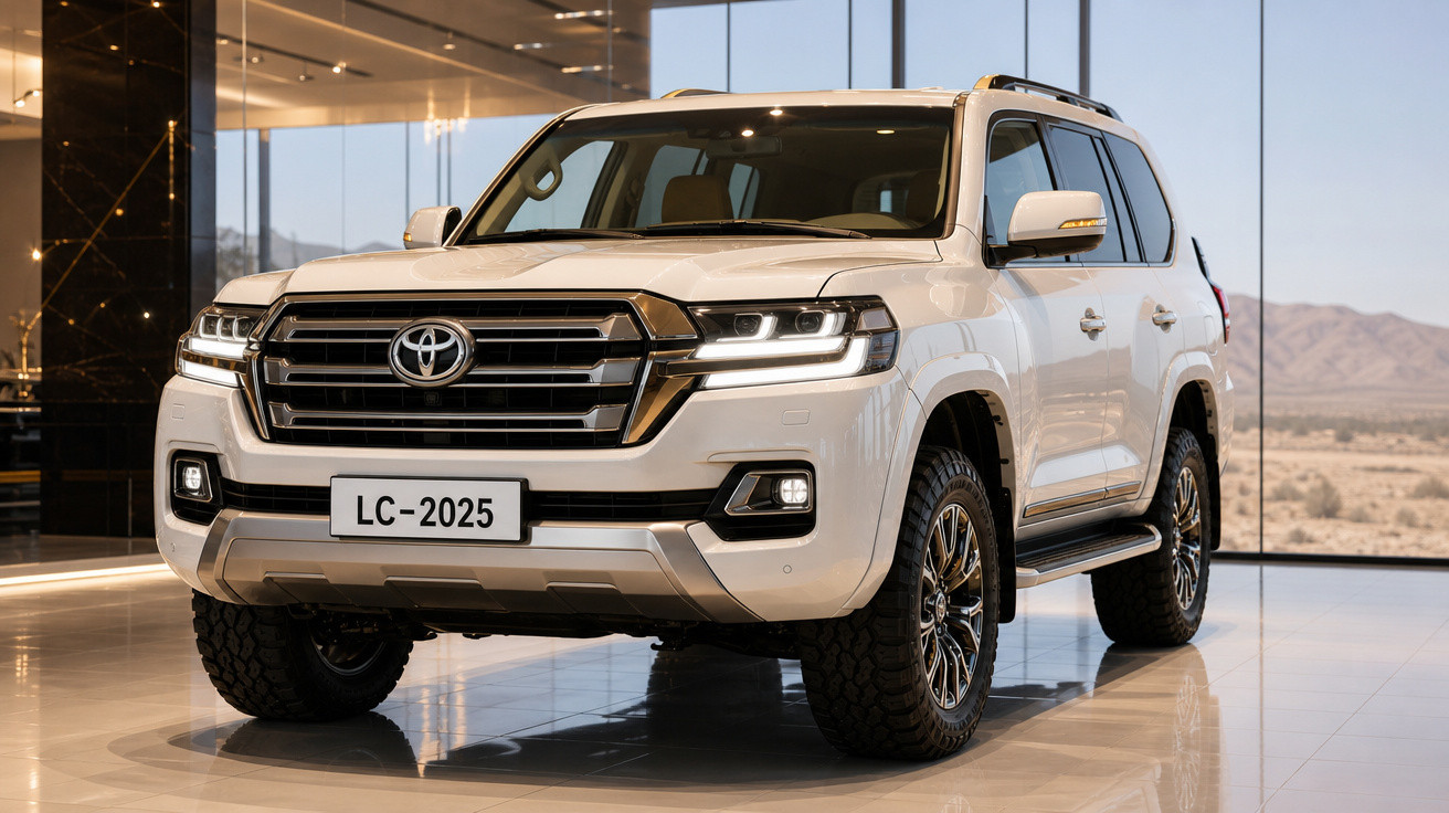 Toyota Land Cruiser 2025 branco em exposição dentro de showroom com vidros amplos e vista para deserto.