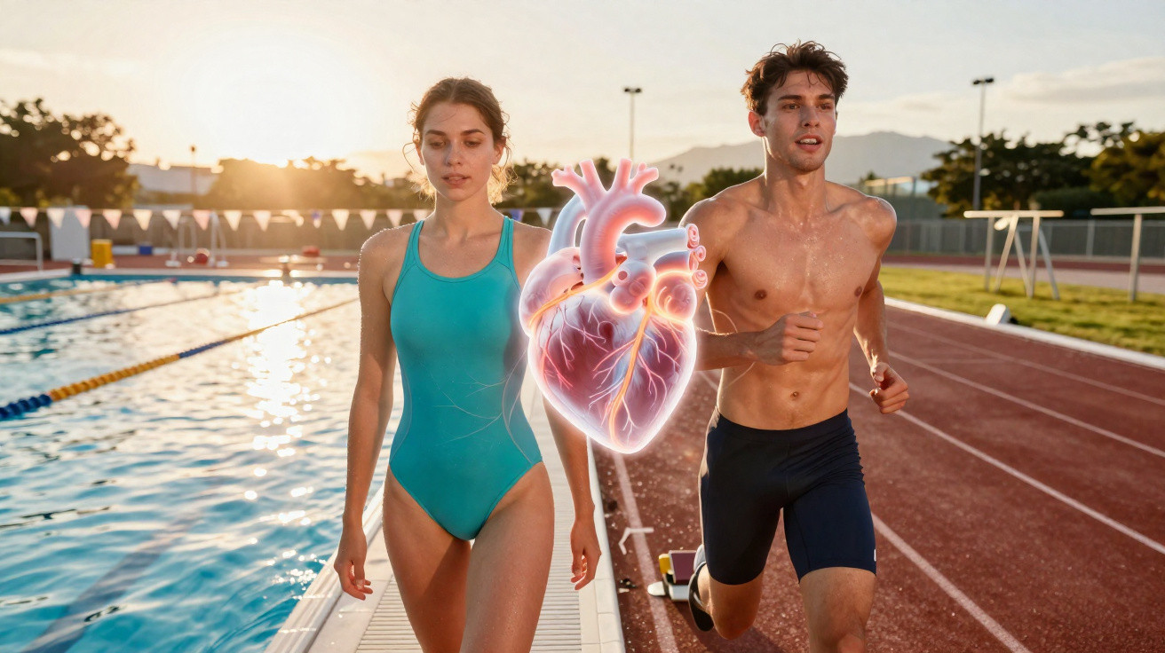 Mulher de maiô e homem correndo em pista ao lado de piscina, com ilustração digital de coração entre eles.