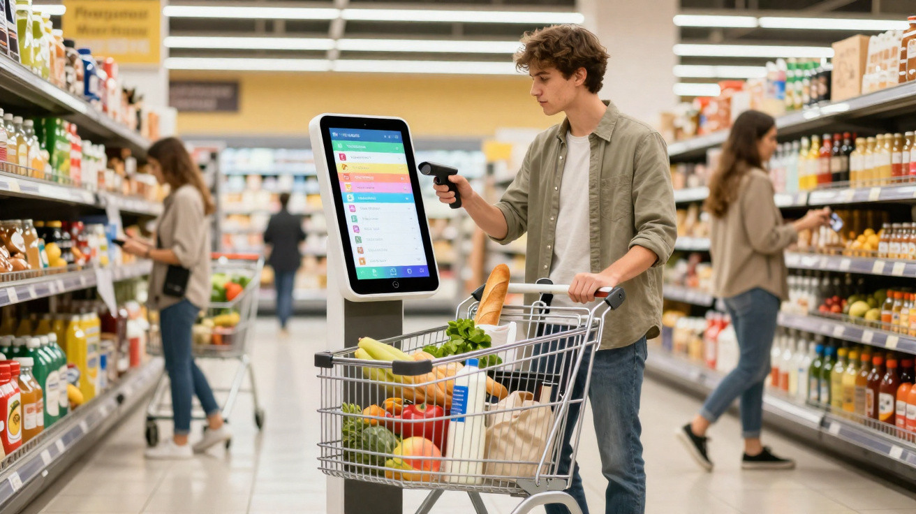 Jovem em supermercado usando scanner de código de barras para registrar compras no carrinho com alimentos.