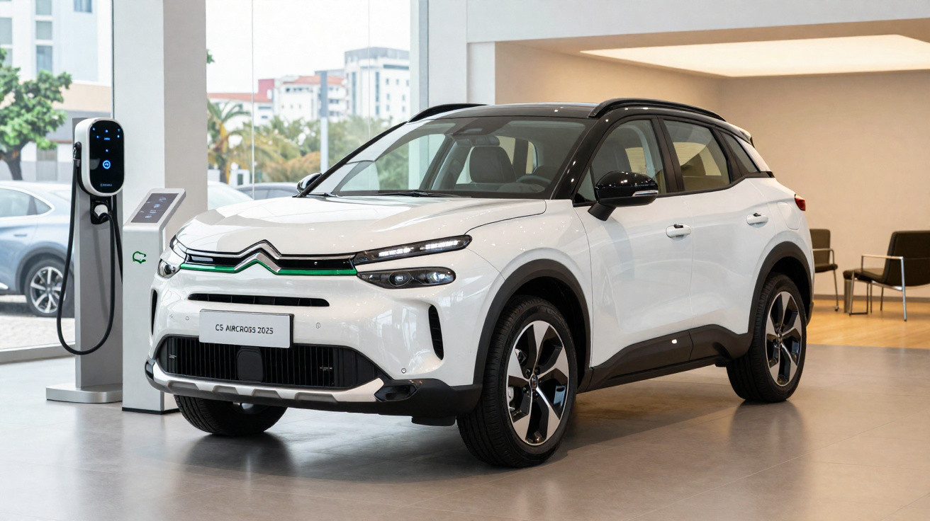 Carro elétrico branco Citroën C5 Aircross 2025 estacionado dentro de showroom moderno.