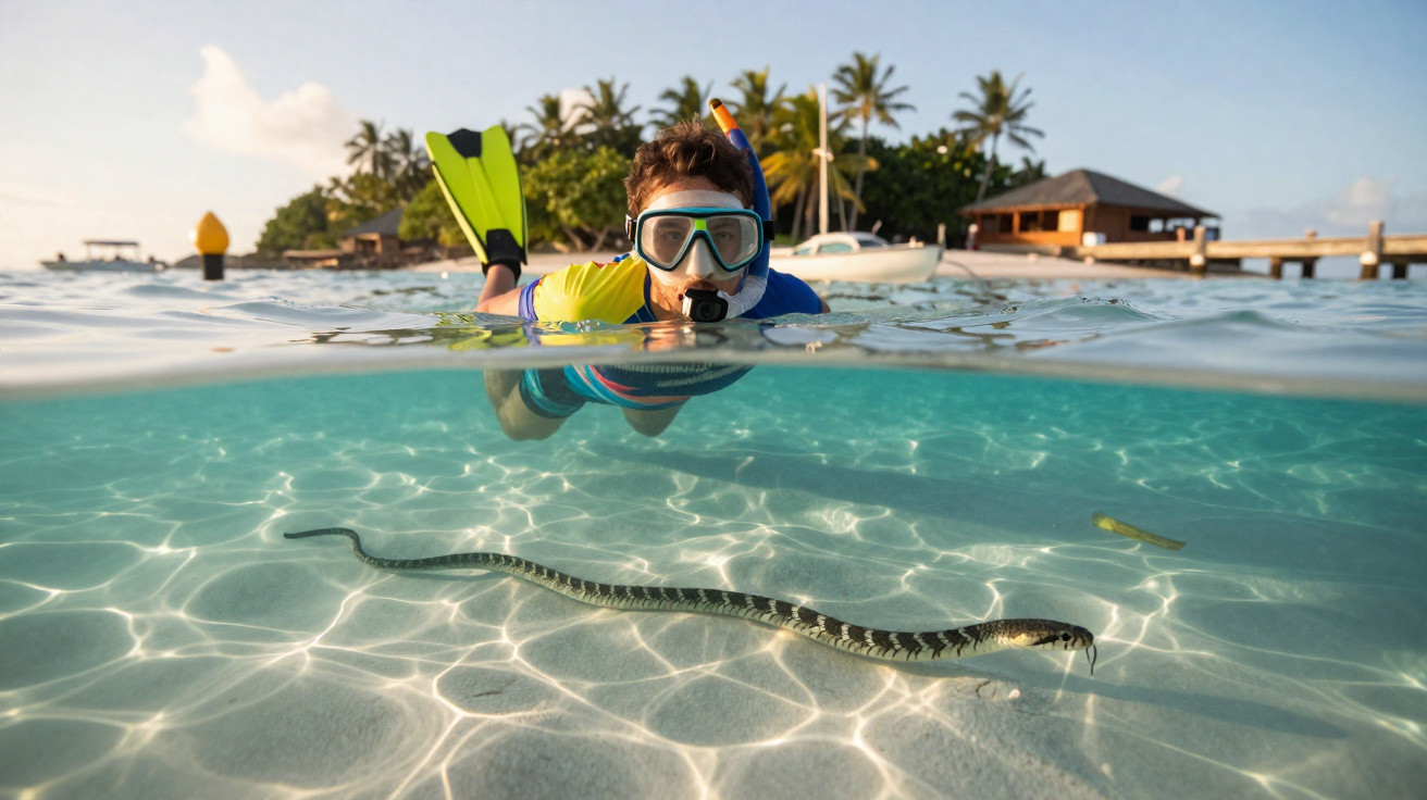 Pessoa mergulhando com snorkel observa cobra marinha na água clara próxima a uma ilha com coqueiros.
