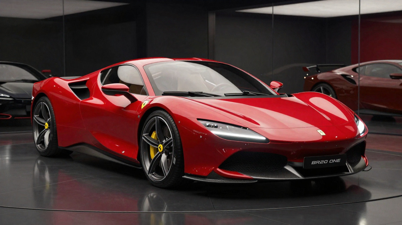 Carro esportivo vermelho Ferrari BR20 One em exposição interna com rodas pretas e detalhes amarelos.