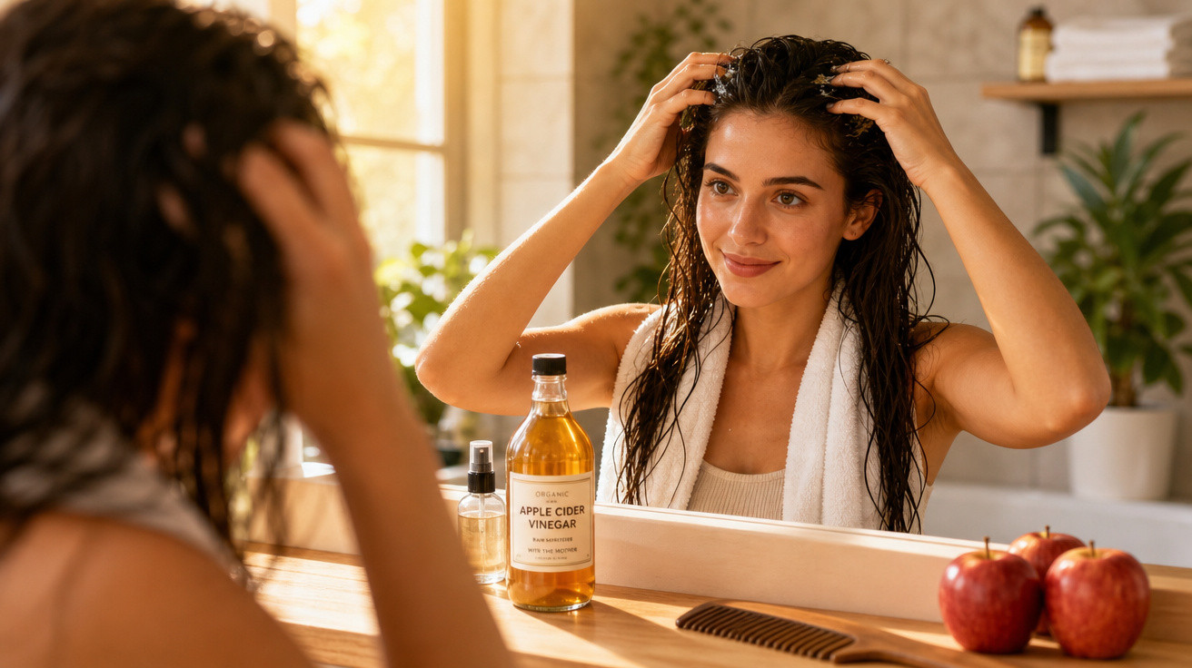 Mulher aplicando vinagre de maçã no cabelo em frente ao espelho no banheiro.