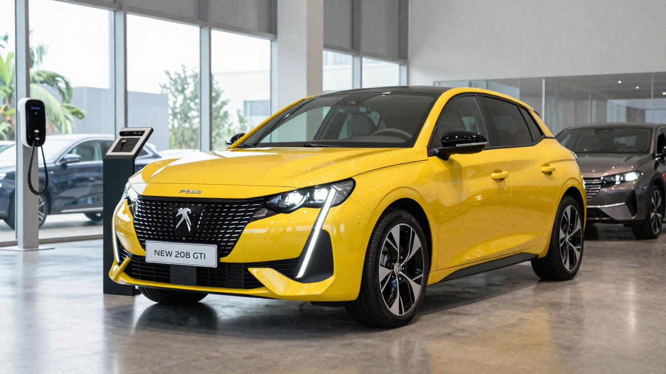 Carro Peugeot 208 GTI amarelo exposto em showroom moderno com piso cinza e paredes de vidro.