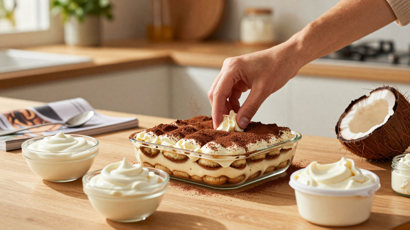 Pessoa decorando sobremesa cremosa com cacau em pó na cozinha, ao lado de coco e potes de creme.