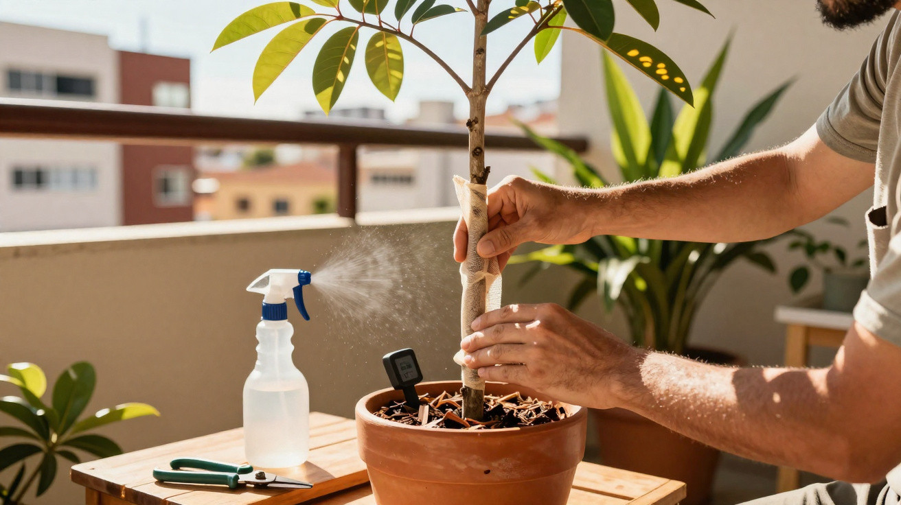 Pessoa cuidando de planta em vaso, borrifador e tesoura sobre mesa em varanda ao sol.