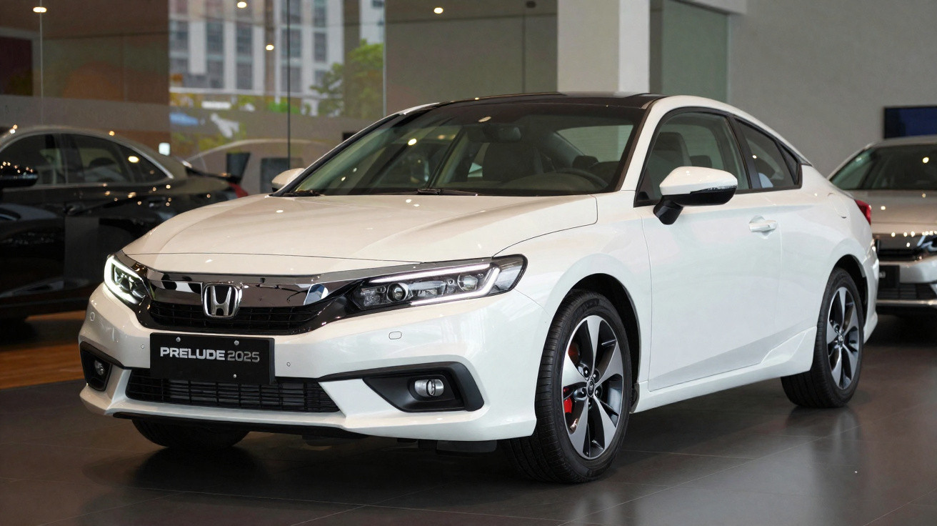 Carro Honda Prelude 2025 branco exibido em concessionária, vista frontal em ambiente interno.