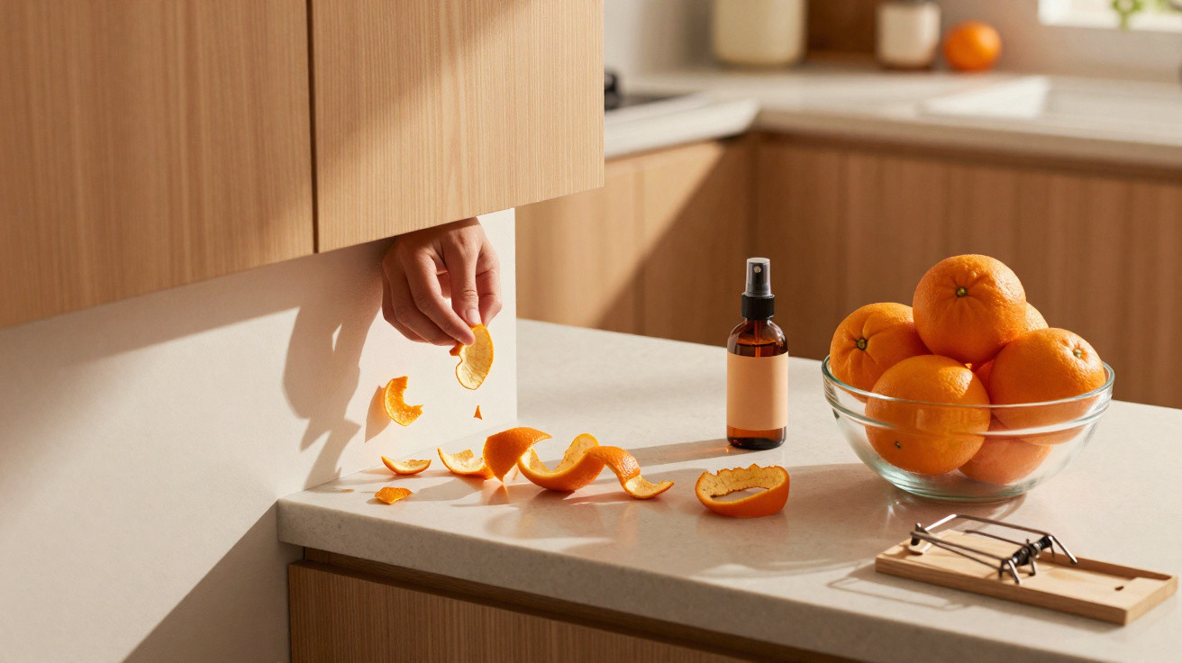 Mão segurando casca de laranja sobre bancada com cascas, tangerinas em tigela e frasco spray.