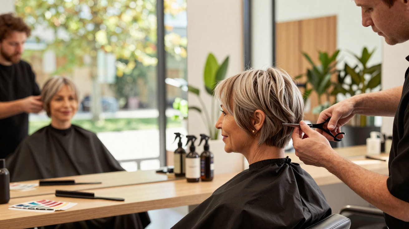 Mulher sorridente cortando cabelo curto em salão de beleza moderno com cadeira preta e espelho grande.