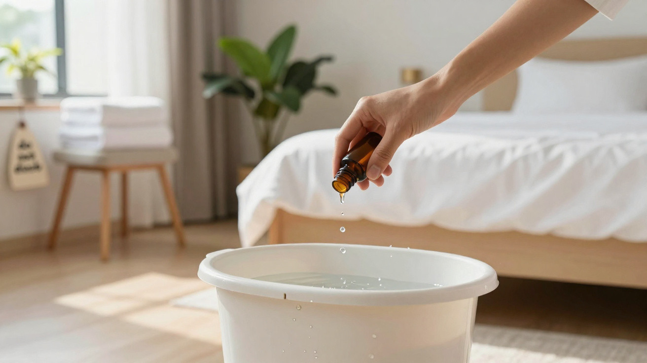 Mão pingando óleo essencial em balde com água em quarto iluminado com cama e plantas ao fundo.