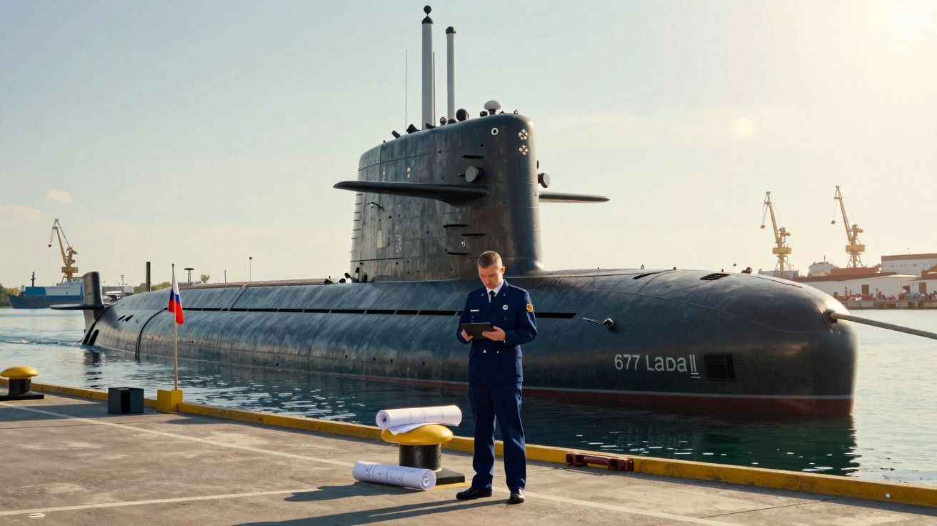 Homem em uniforme naval ao lado de submarino preto atracado em porto com guindastes ao fundo.