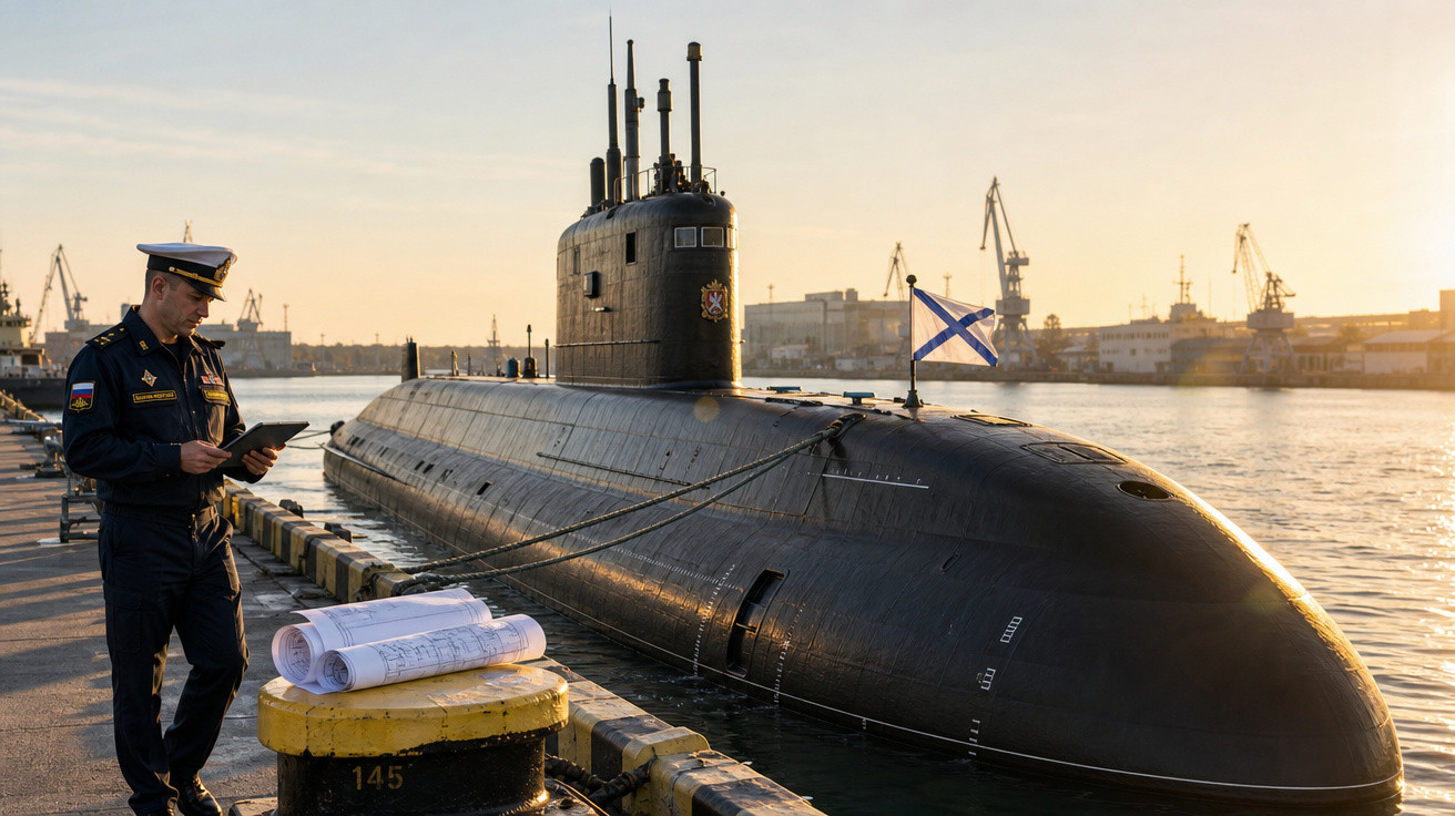 Submarino ancorado em porto ao pôr do sol, com oficial naval e plantas sobre o cais.