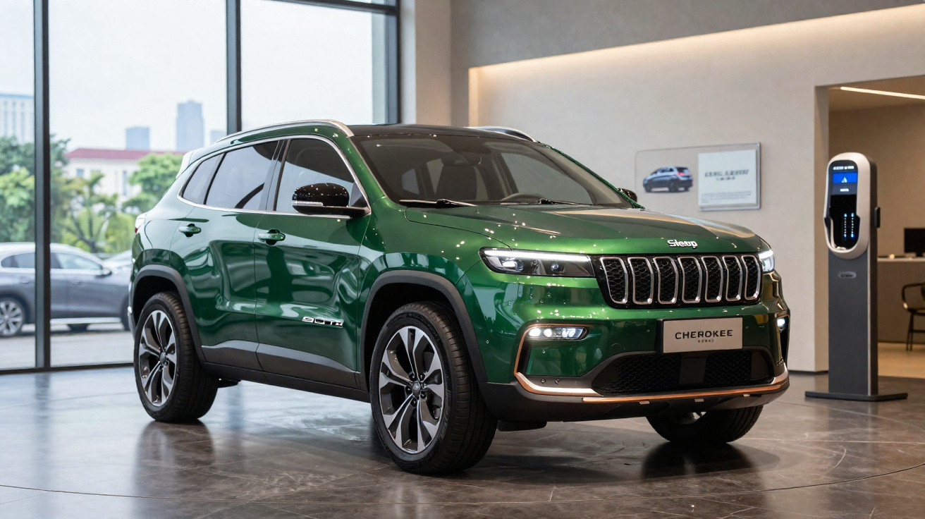 SUV Jeep Cherokee verde estacionado em showroom moderno com carregador elétrico ao lado.