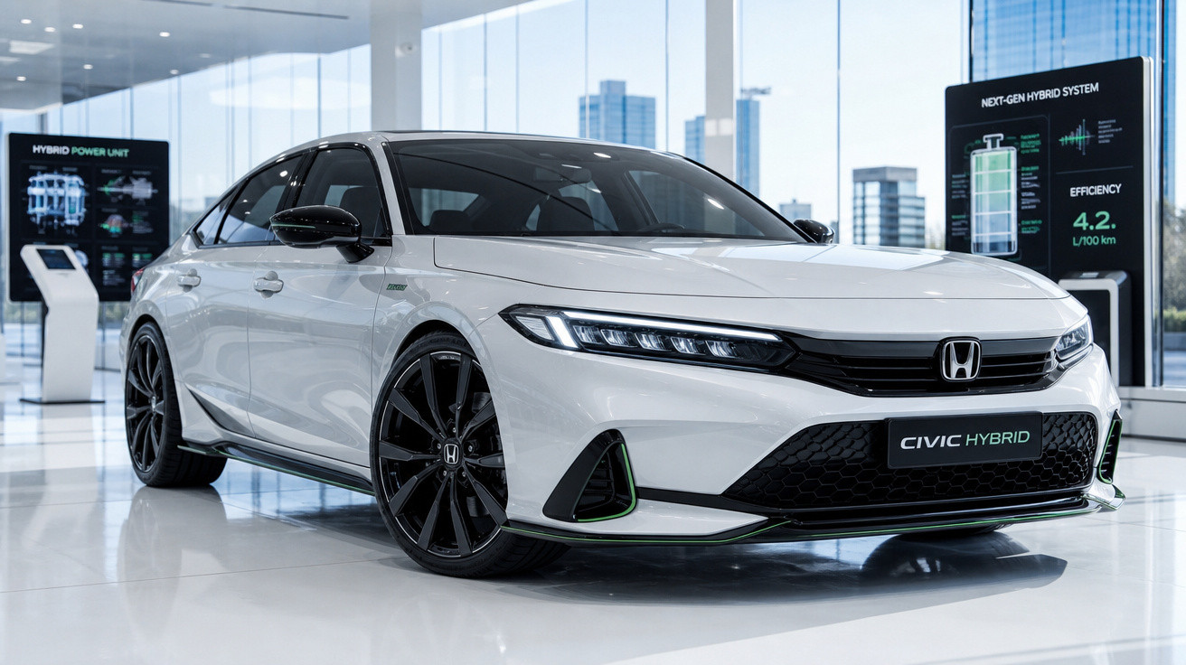 Carro branco Honda Civic Hybrid exibido em showroom moderno com grandes janelas e painéis informativos.