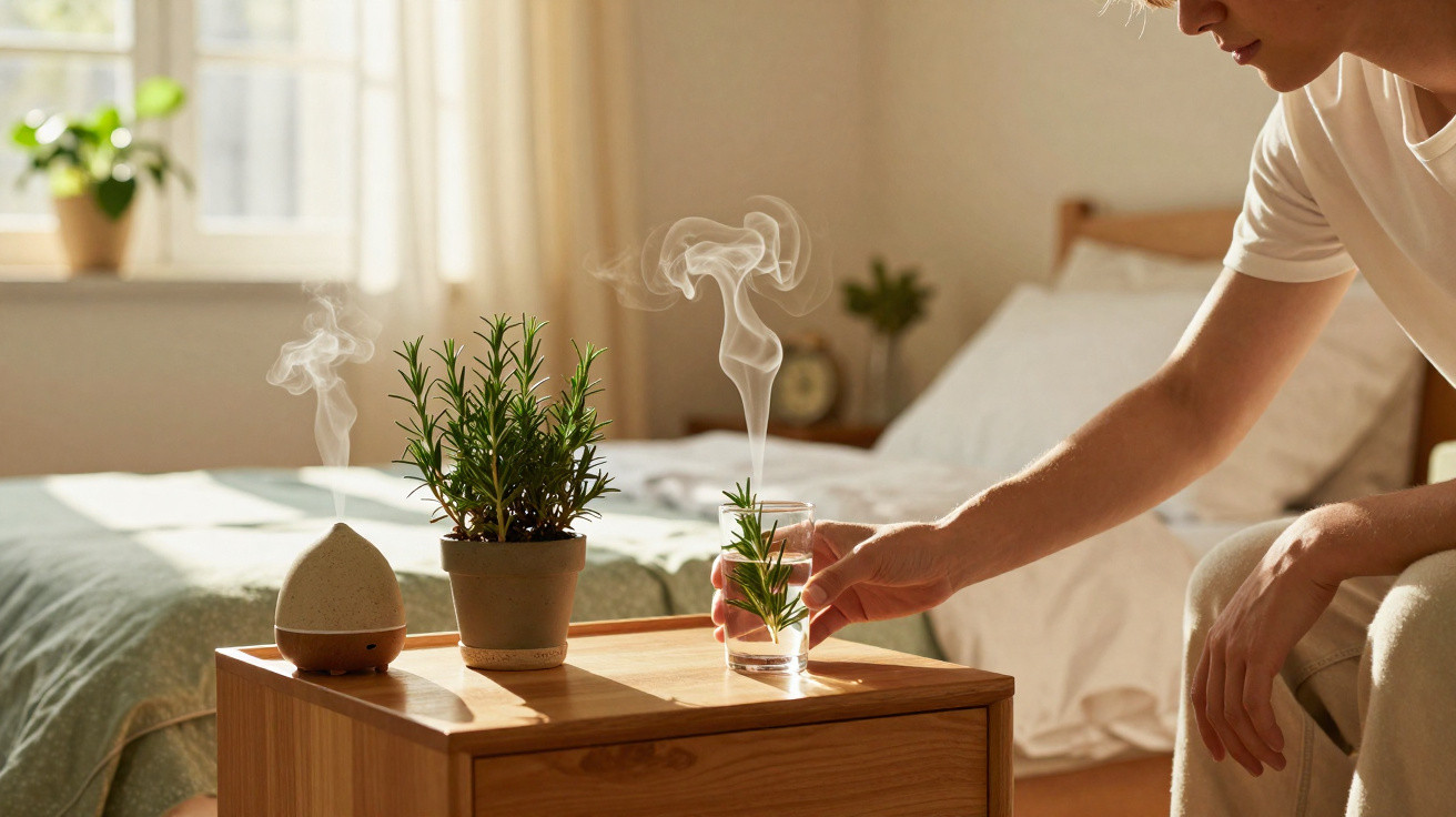 Pessoa pega copo com ramo de ervas aromáticas em mesa de cabeceira com difusor e vaso de planta.