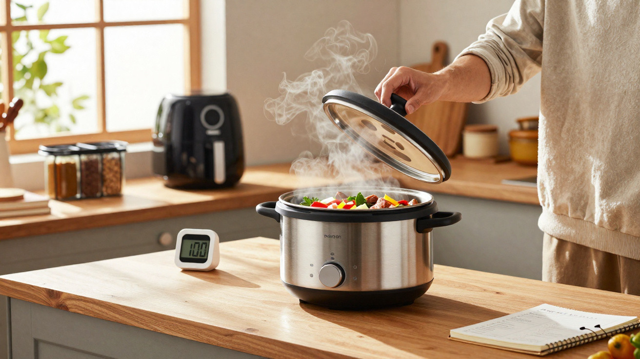 Panela elétrica com comida quente soltando vapor em bancada de cozinha iluminada.