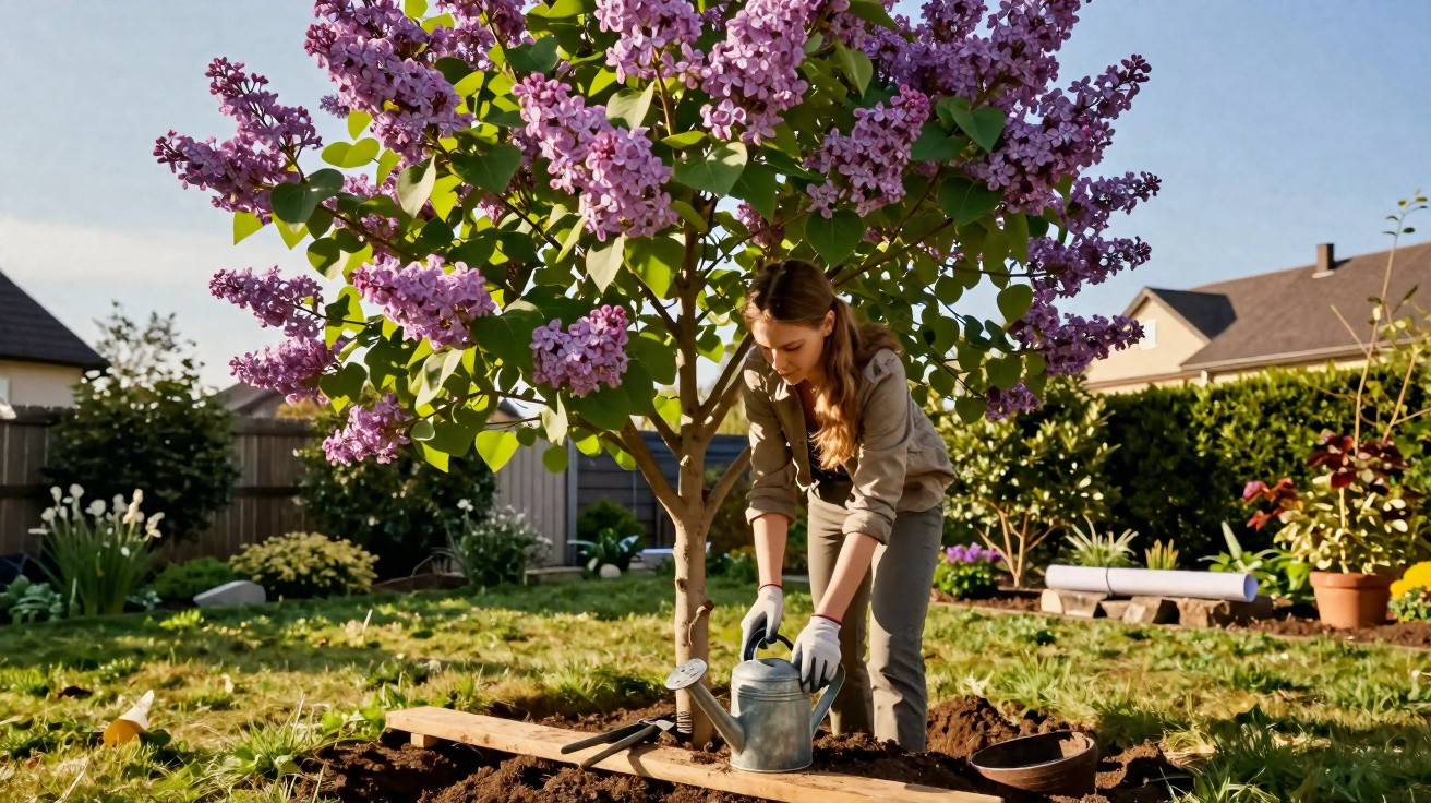 Mulher regando planta sob árvore com flores roxas em jardim residencial ensolarado.