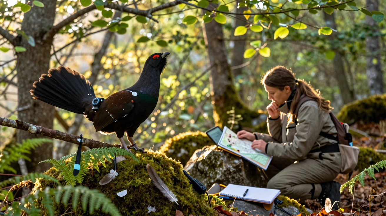 Pavão-do-mato com coleira de GPS em pedra, enquanto mulher estuda mapa em floresta iluminada pelo sol.
