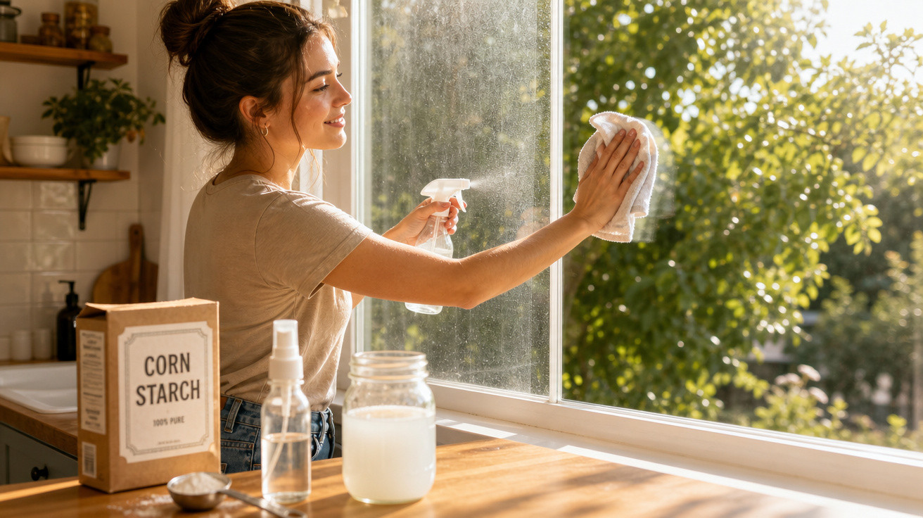 Mulher sorridente limpando janela ensolarada na cozinha, com produtos caseiros sobre a bancada de madeira.