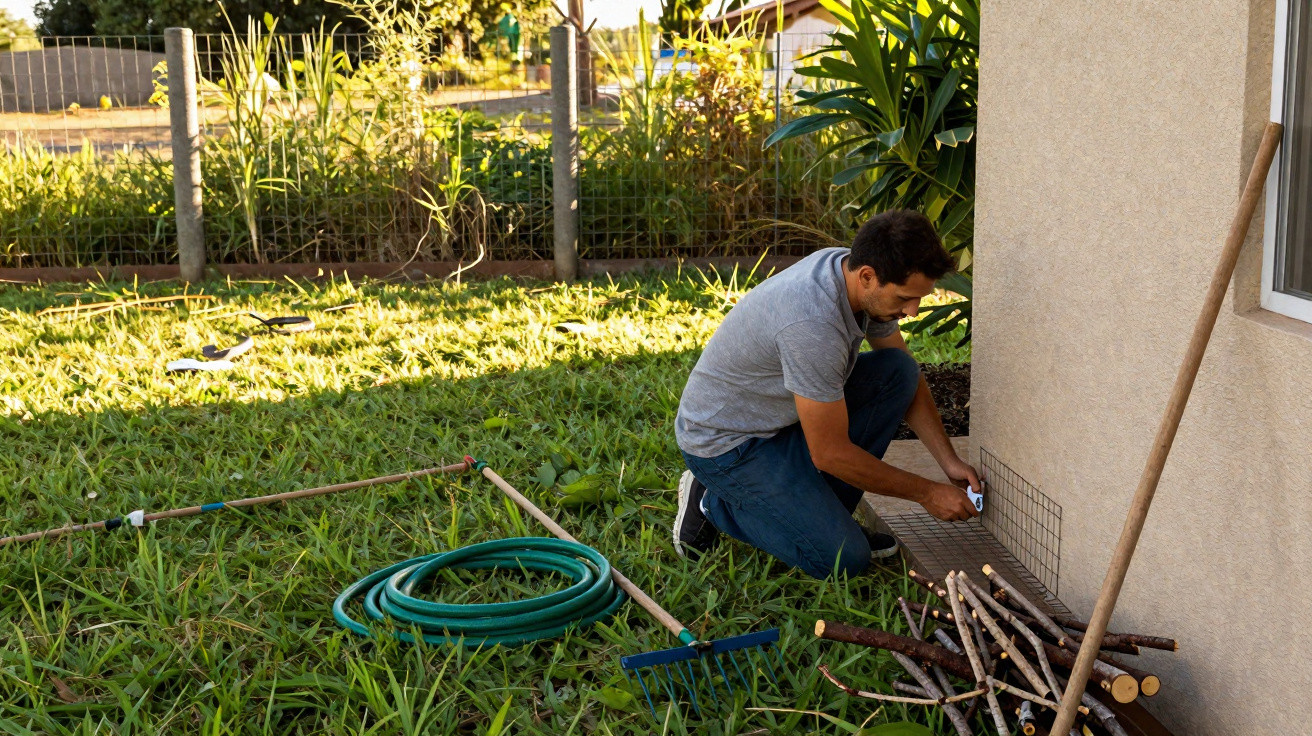 Homem prende tela metálica na parede externa de casa num jardim com ferramentas e lenha no chão.