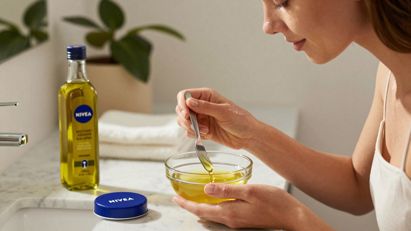 Mulher preparando máscara facial com óleo Nivea em tigela de vidro na pia do banheiro.