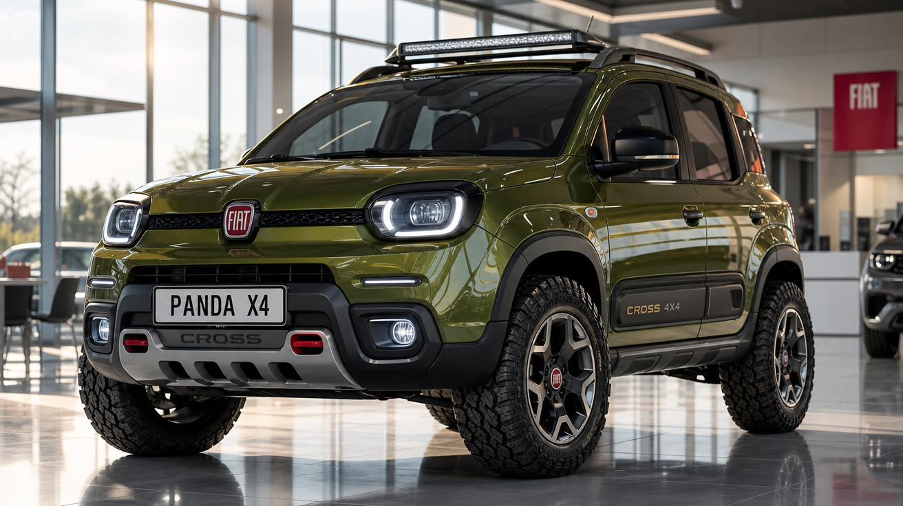 Carro Fiat Panda X4 verde com design robusto e pneus para off-road em concessionária iluminada.