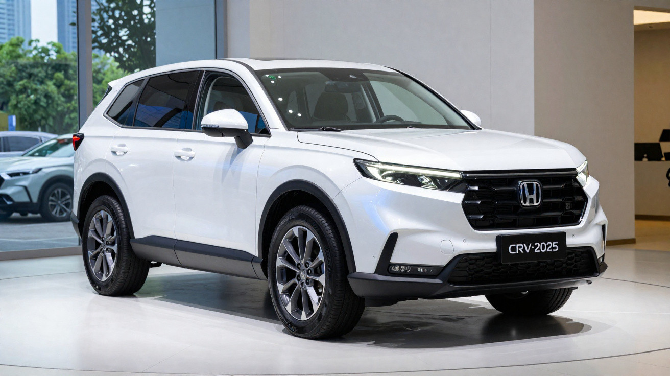SUV branco Honda CRV 2025 em exposição interna com detalhes modernos e rodas esportivas.
