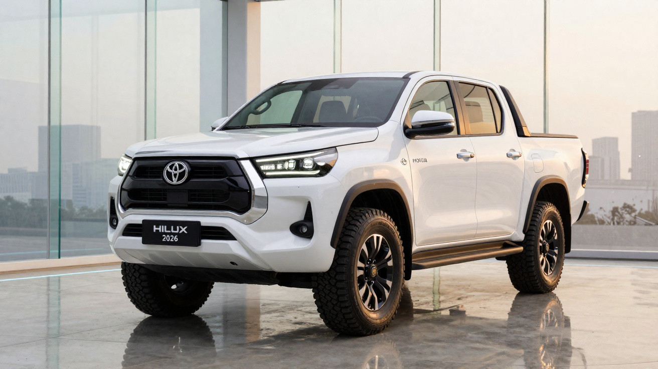 Picape Toyota Hilux 2026 branca, vista frontal em ambiente interno com piso refletivo.