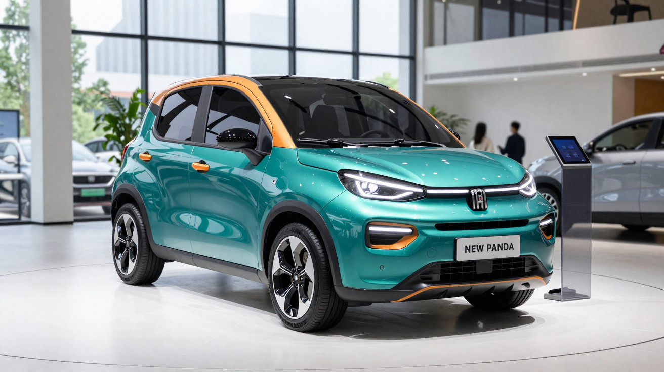 Carro hatch compacto verde com detalhes laranja em exposição em salão automotivo moderno.
