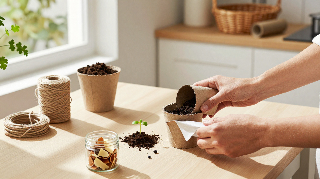 Mãos preenchendo vasos biodegradáveis com terra para plantar mudas em uma mesa de madeira clara.