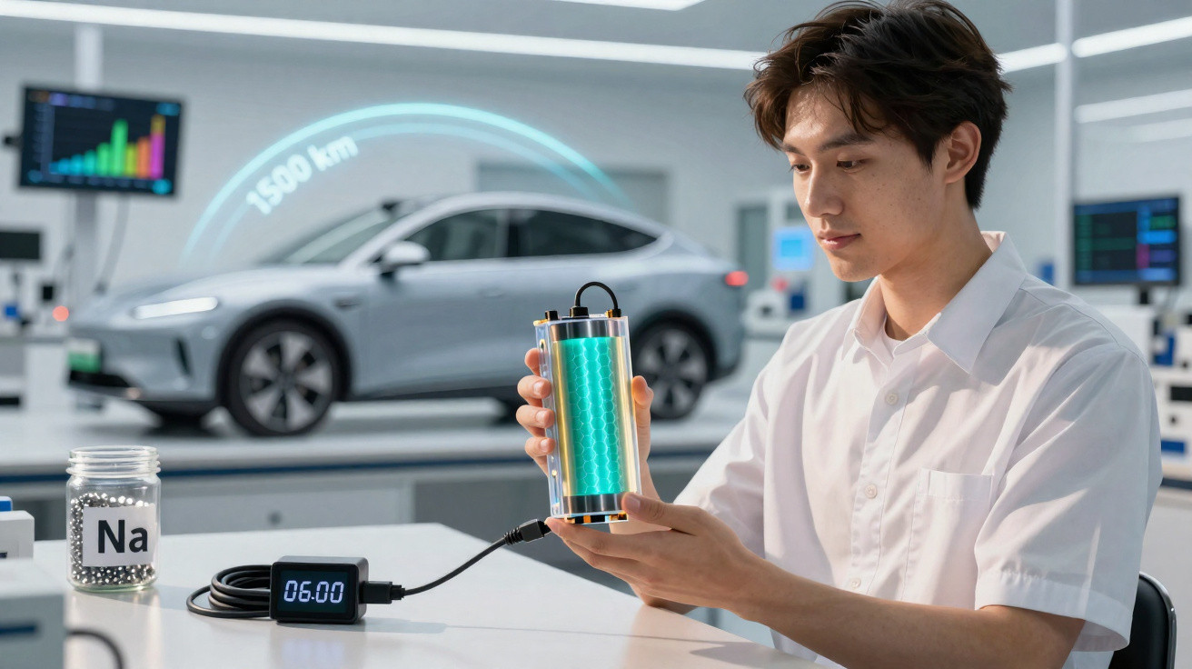 Jovem segurando bateria de carro elétrico em laboratório com carro e frasco de sódio ao fundo.