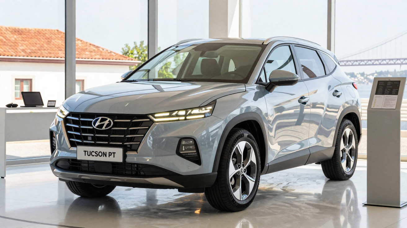 SUV Hyundai Tucson PT cinza exibido em showroom com vidro ao fundo e pedestal ao lado direito.