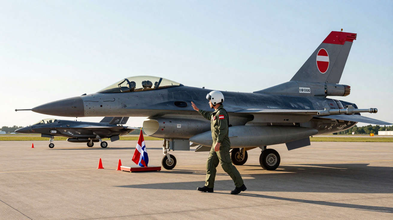 Avião militar F-16 da Dinamarca no solo com piloto ao lado em pista de aeroporto.
