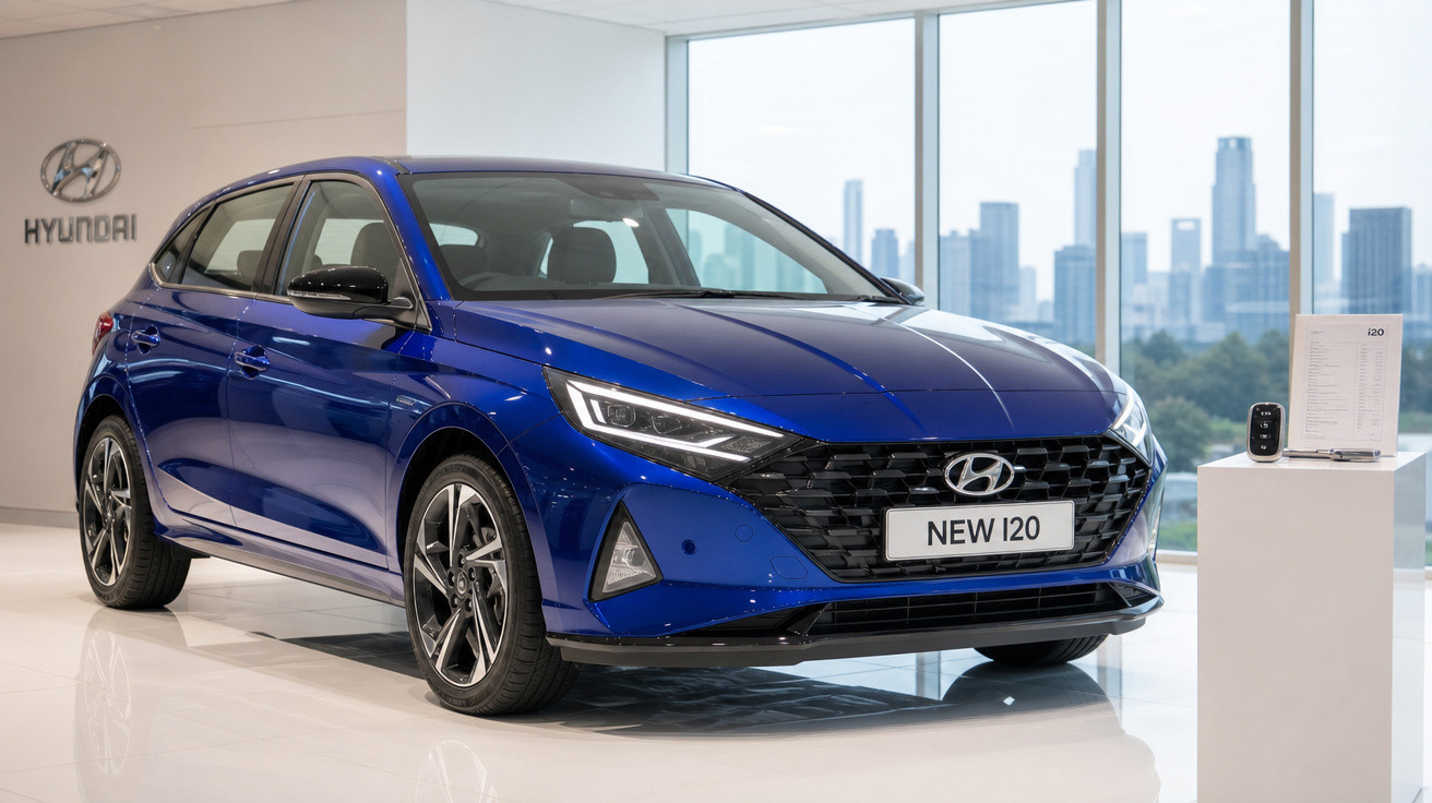 Carro Hyundai New i20 azul em exposição dentro de showroom com piso branco e vista urbana ao fundo.