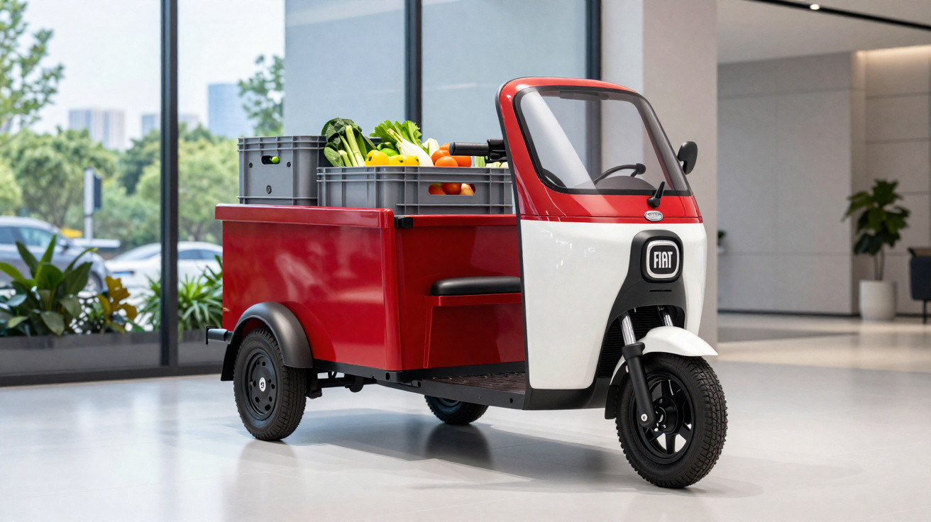 Veículo elétrico compacto da Fiat com três rodas e carga de frutas e verduras em caixas plásticas.
