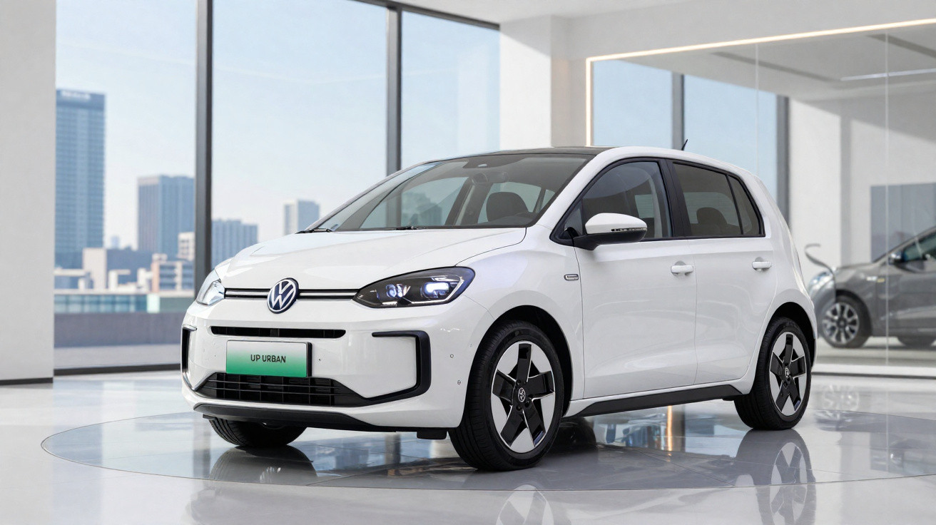 Carro elétrico branco Volkswagen Up Urban exposto em showroom moderno com grandes janelas.