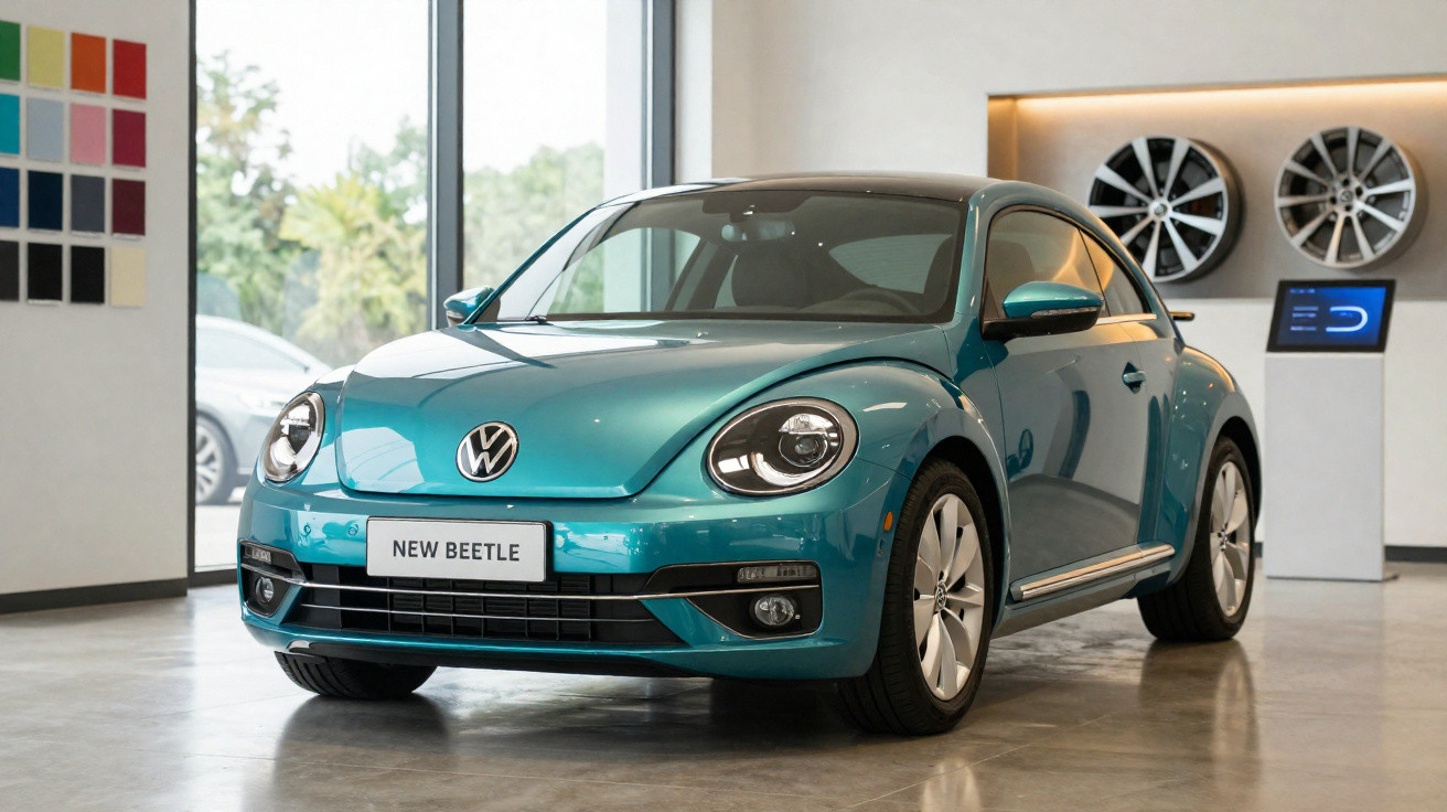 Carro Volkswagen New Beetle azul em showroom moderno com rodas expostas na parede.
