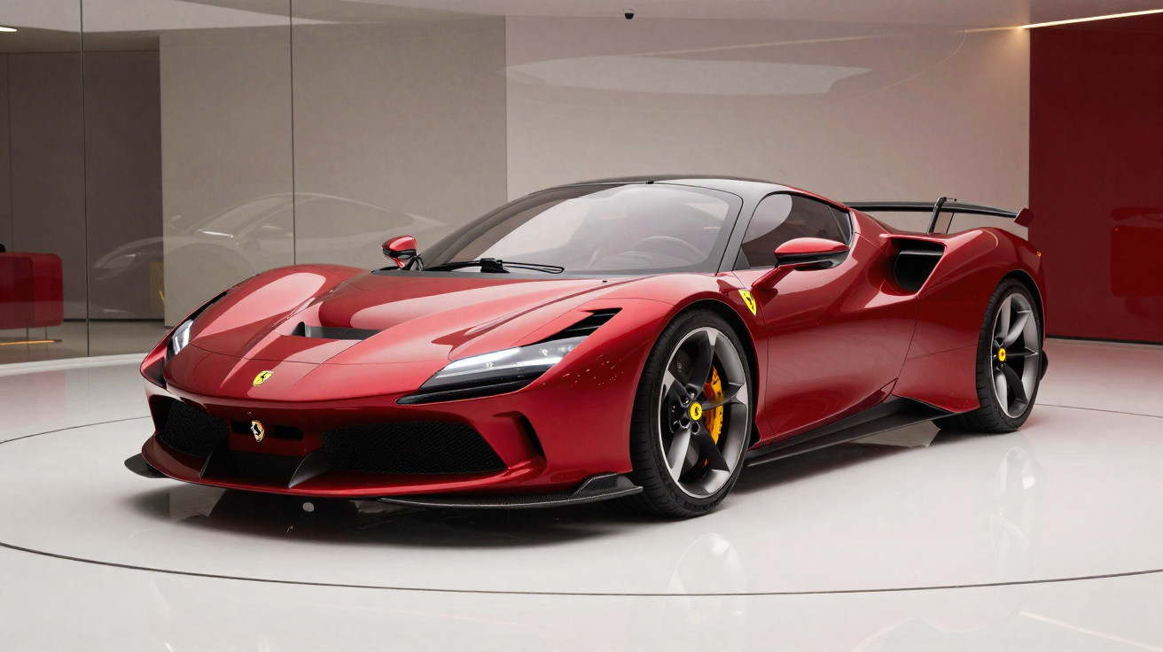 Carro esportivo Ferrari vermelho estacionado em ambiente interno moderno com piso branco brilhante.