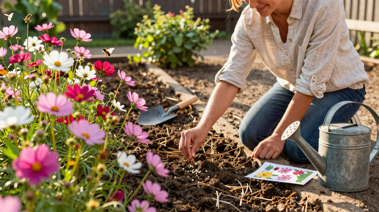 Pessoa plantando sementes em jardim caseiro próximo a flores coloridas e regador metálico.