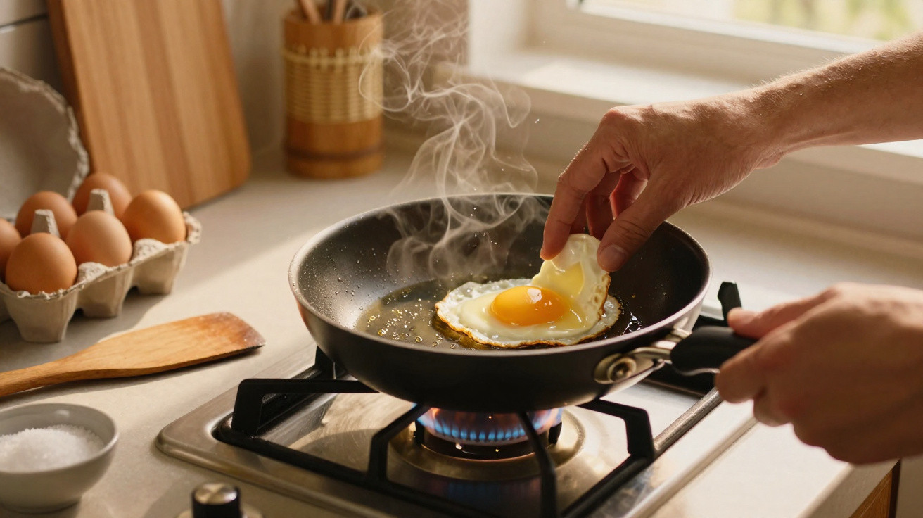 Mãos virando ovo frito em frigideira sobre fogão a gás em cozinha iluminada pela janela.