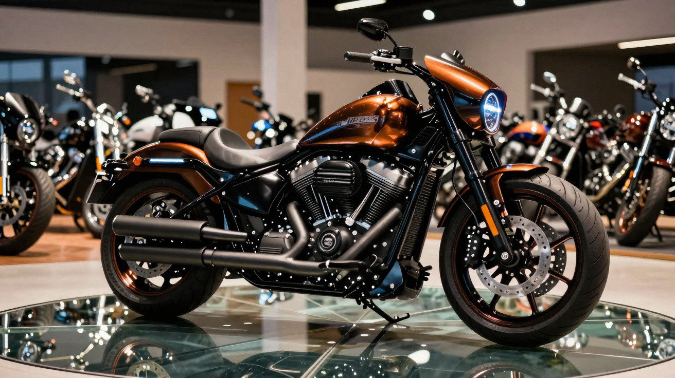 Motocicleta custom laranja com detalhes pretos em exposição em showroom moderno.
