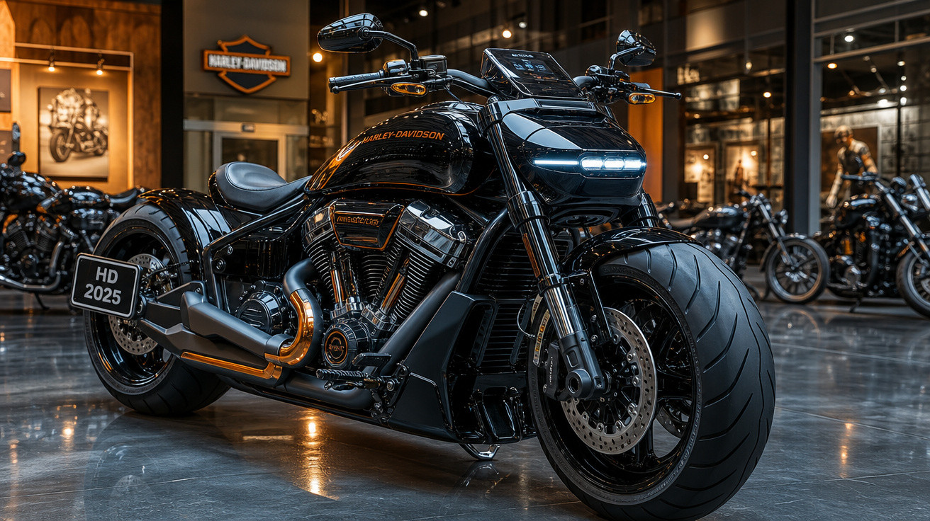 Motocicleta Harley-Davidson preta modelo 2025 em exposição em showroom iluminado.