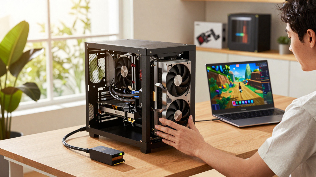 Pessoa montando ou ajustando PC gamer em gabinete aberto sobre mesa com laptop ao fundo.