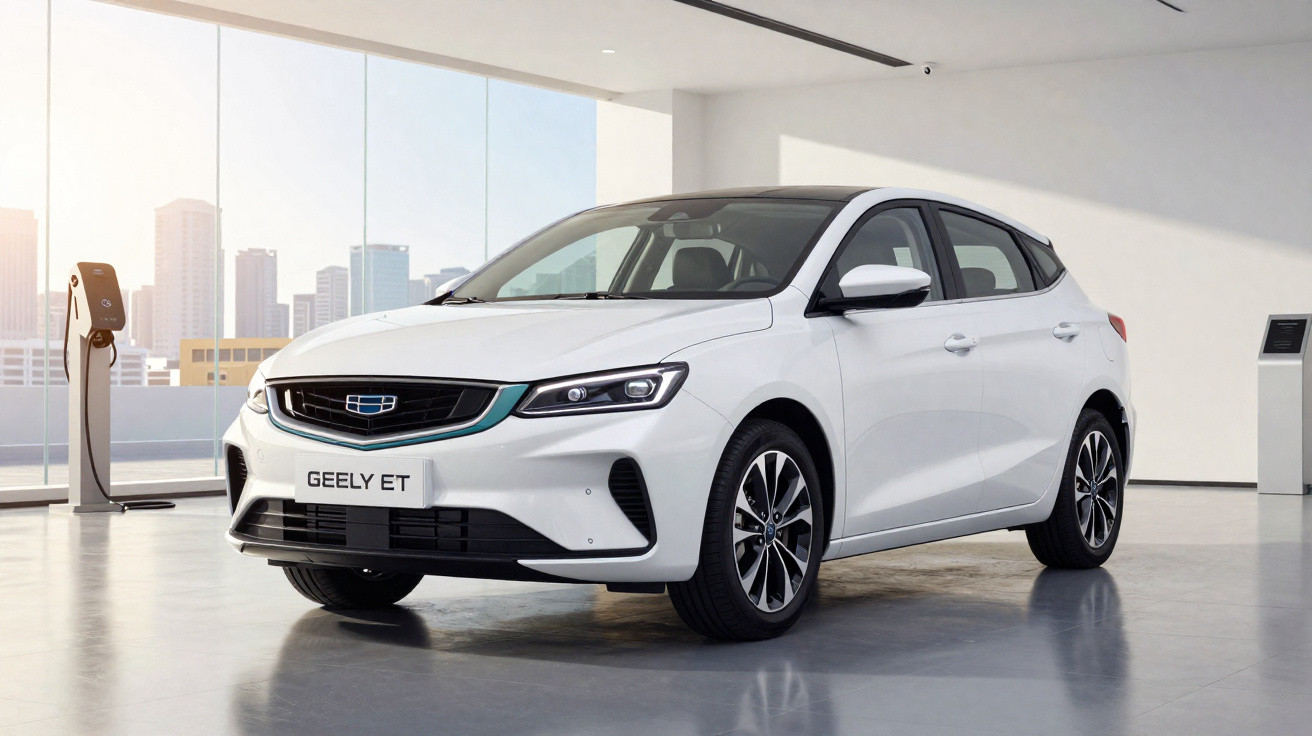Carro elétrico branco Geely ET estacionado em ambiente interno moderno com paredes brancas e janela de vidro.